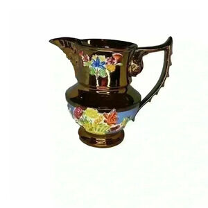 English Copper Antique Lustre Jug with Mask Spout Dolphin Handle & Flowe…